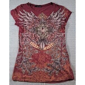 Vtg 90s Y2K Angels & Diamonds Burgundy Rhinestone Wings Cross Patron Saint...